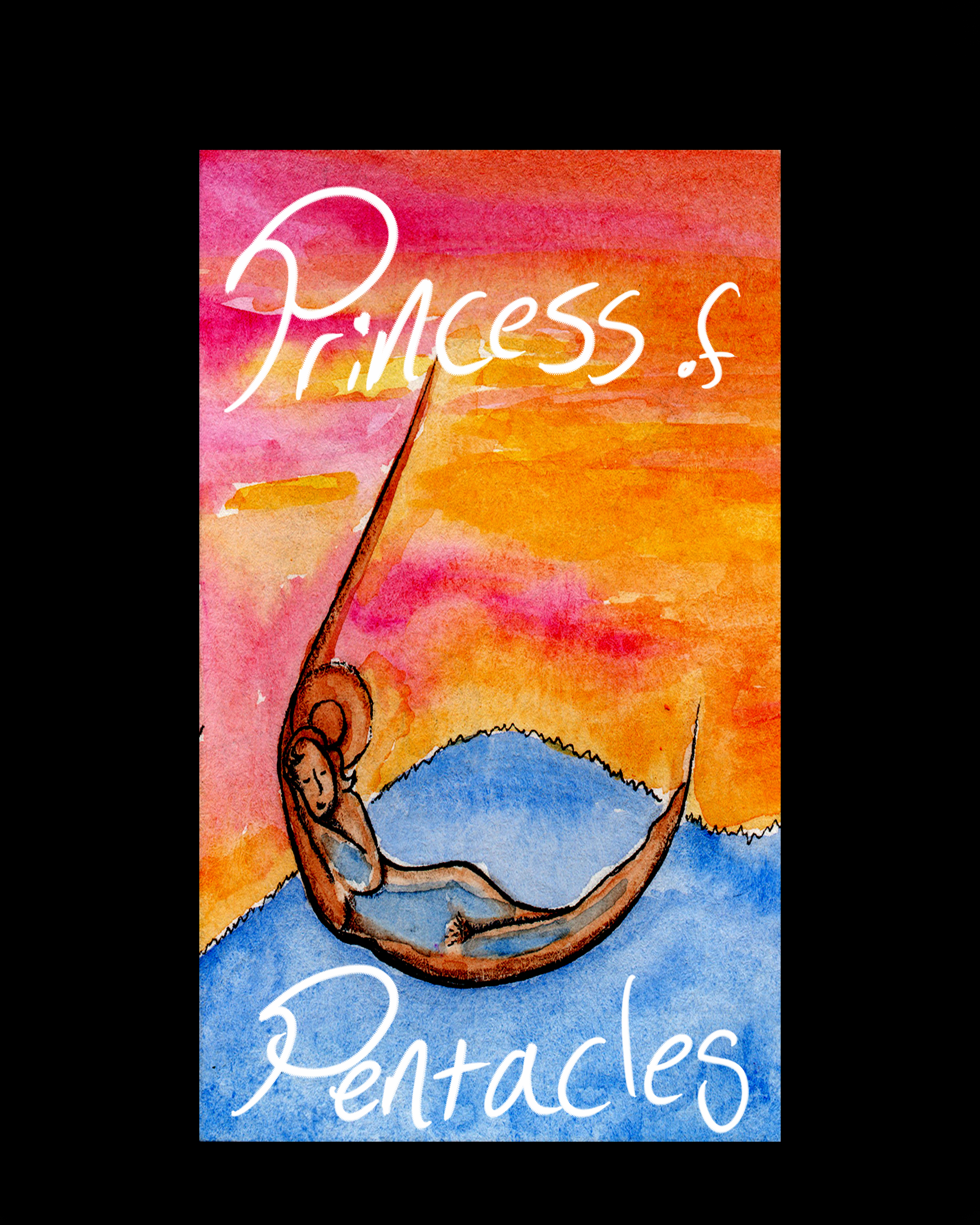 The Princess of Pentacles Card from the Mary B. Truly Divinity Tarot Deck depicts a naked woman sleeping peacefully within the outline of a breast with a beautifull Pacific Northwest painting