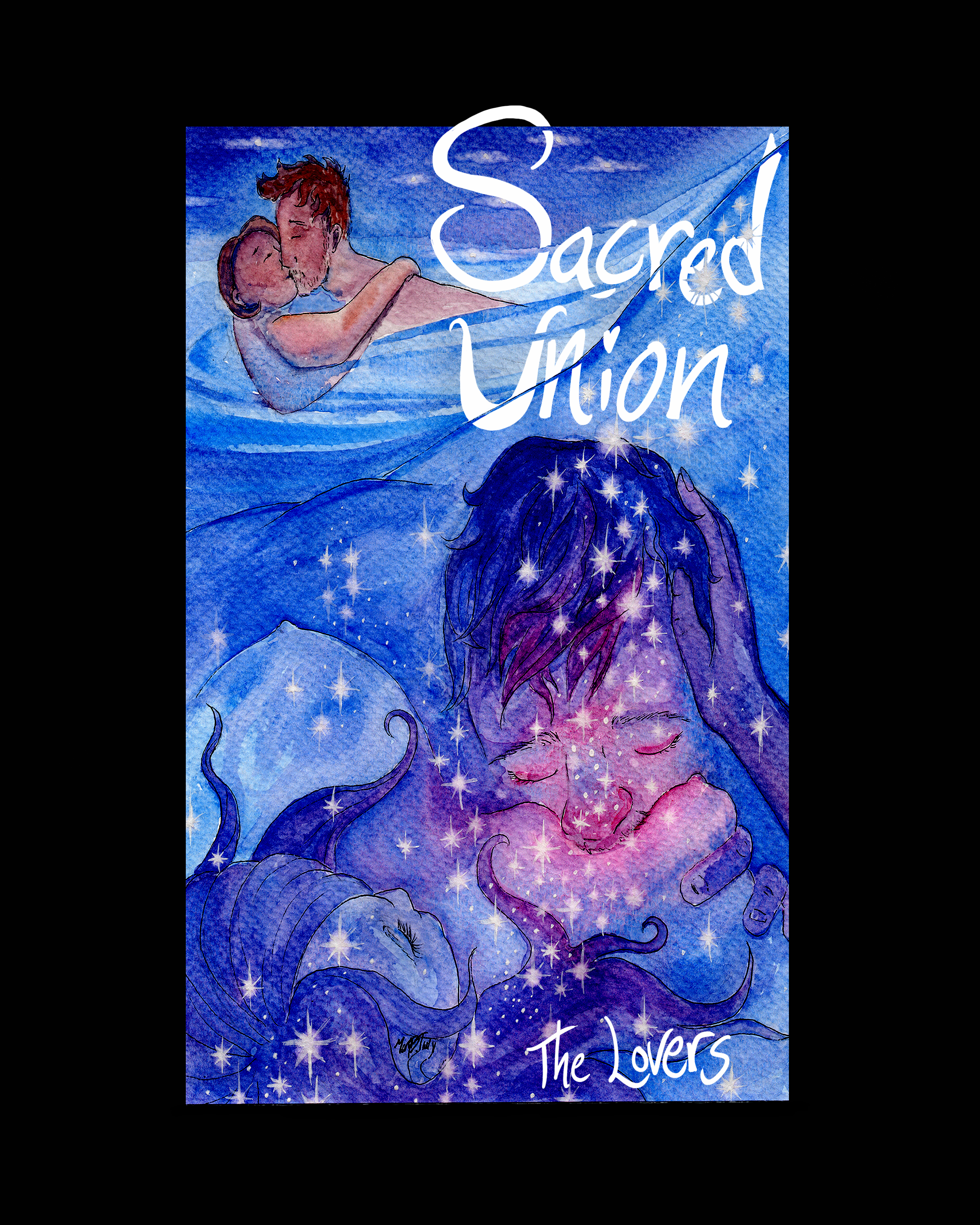 The Scred Union  "The Lovers" Card from the Mary B. Truly Divinity Tarot Deck depicts lovers  embracing and kissing with a beautiful Pacific Northwest scene in the background.