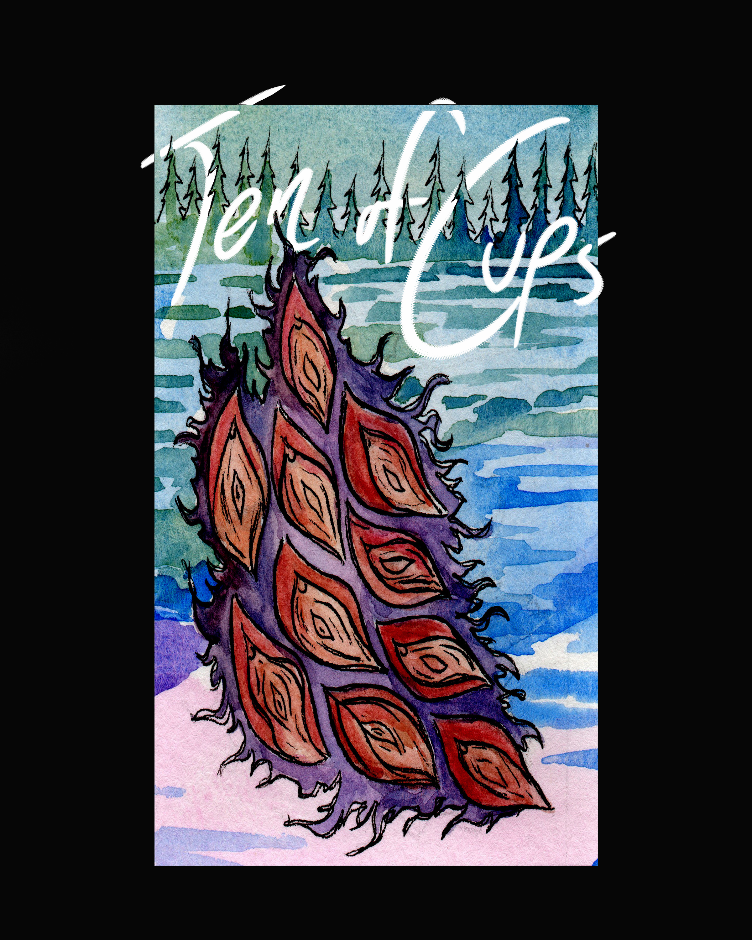 Ten of Cups Card from the Mary B. Truly Divinity Tarot Deck depicts 10 vaginas grouped together with a beautiful Pacific Northwest water background.