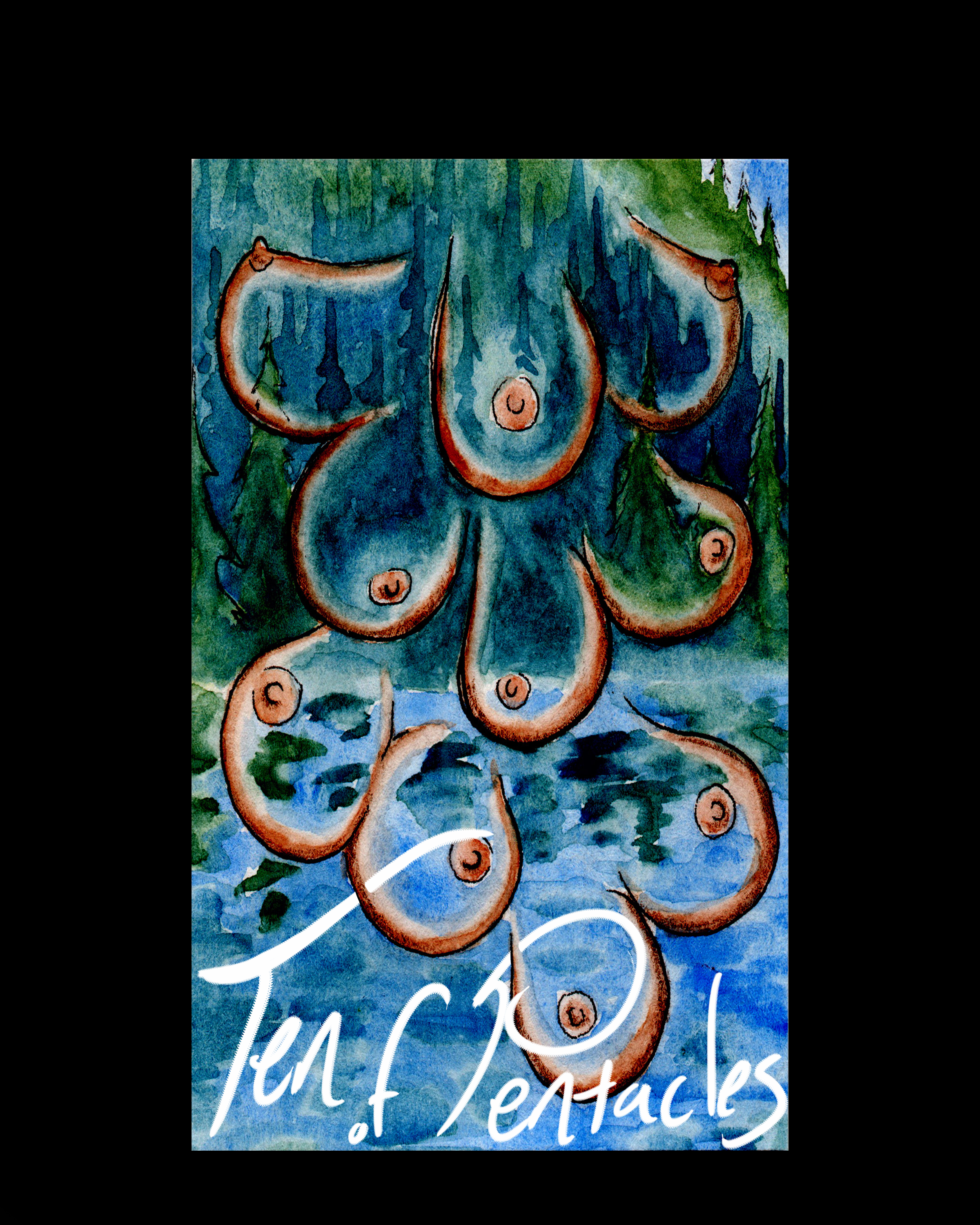 Ten of Pentacles Card from the Mary B Truly Divinity Tarot Deck depicts 10 breast with a Pacific Northwest Scene in the background.