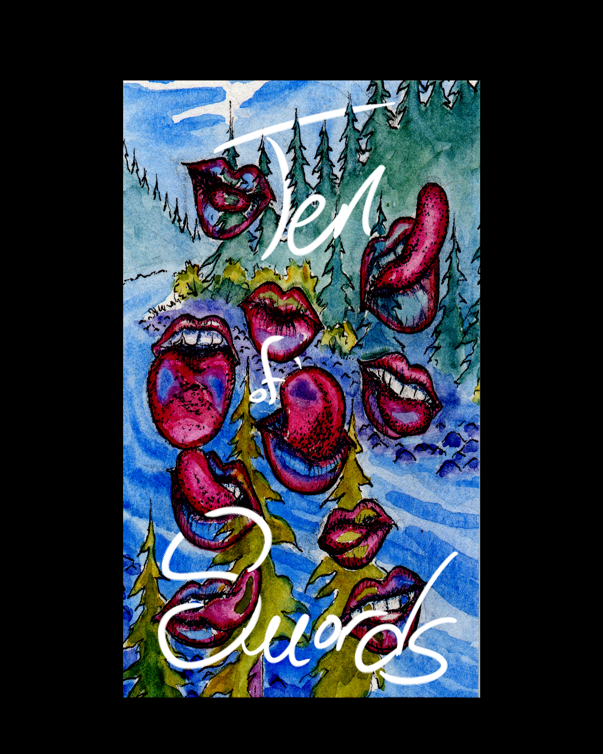 Ten of Swords Card from the Mary B. Truly Divinity Tarot Deck depicts 10 diferent tongues with a beautiful Pacific Northwest water background.
